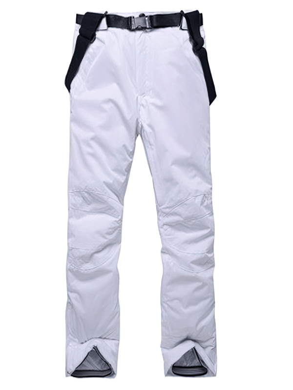 Alt Tag: Waterproof breathable insulated ski pants with suspenders, white color, nylon polyester blend, SF0798