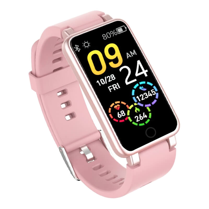 Pink waterproof fitness tracking smart bracelet SF0553 with display showing time, date, and activity data for Android/iOS - 120mAh.