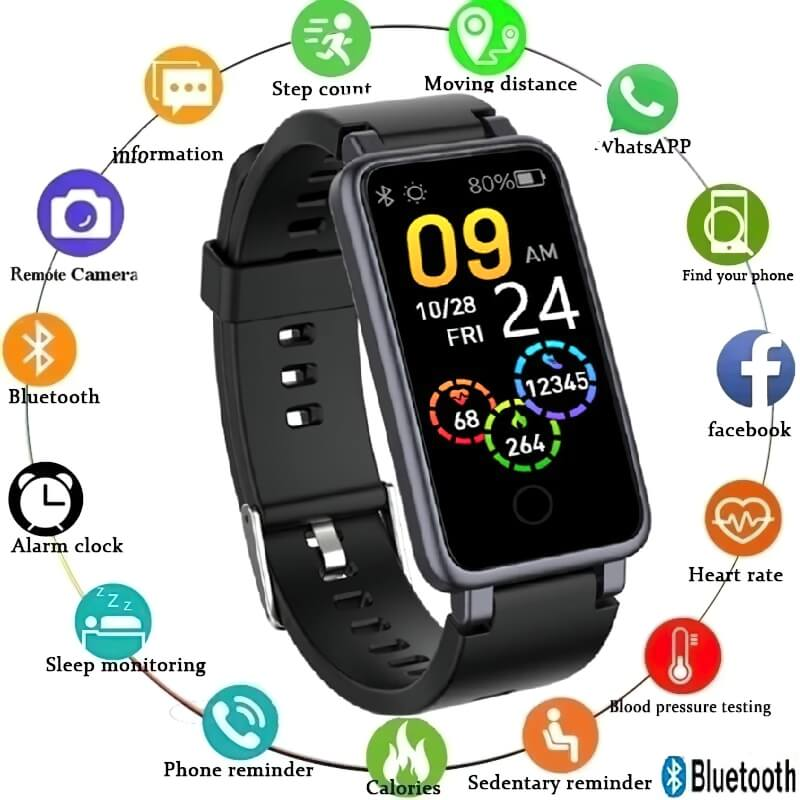 Black waterproof fitness tracking smart bracelet with color display showing time, date, and activity icons; Bluetooth and multi-function features.