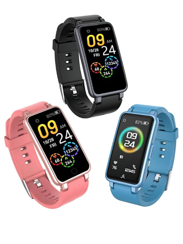 Waterproof fitness tracking smart bracelets with color display, featuring Bluetooth 5.0 for Android/IOS, in black, pink, and blue.