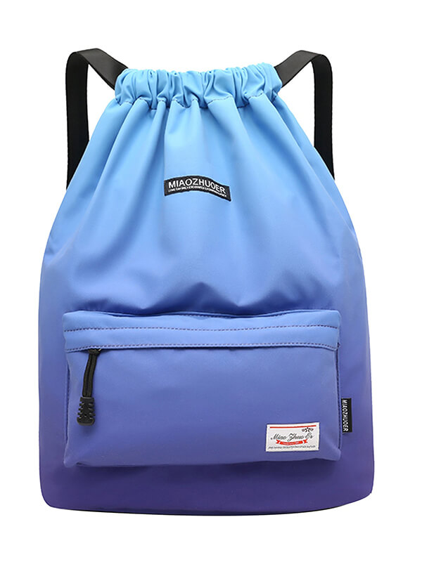 Colorful blue waterproof gym softback backpack with drawstring closure and front zip pocket, perfect for fitness and travel.