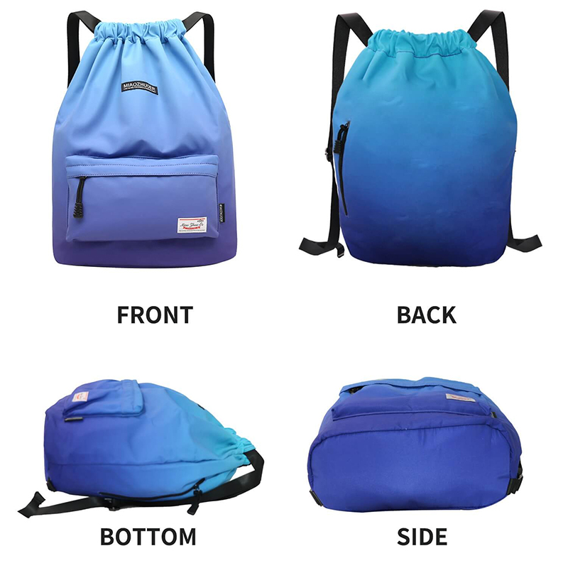 Waterproof gym softback backpack in blue, front, back, bottom, and side views. Perfect fitness drawstring bag, 20-35L capacity.