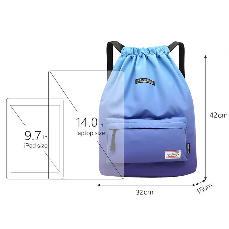 Waterproof gym backpack in blue gradient, featuring durable nylon, spacious 20-35L capacity. Suitable for fitness and travel with drawstring closure.