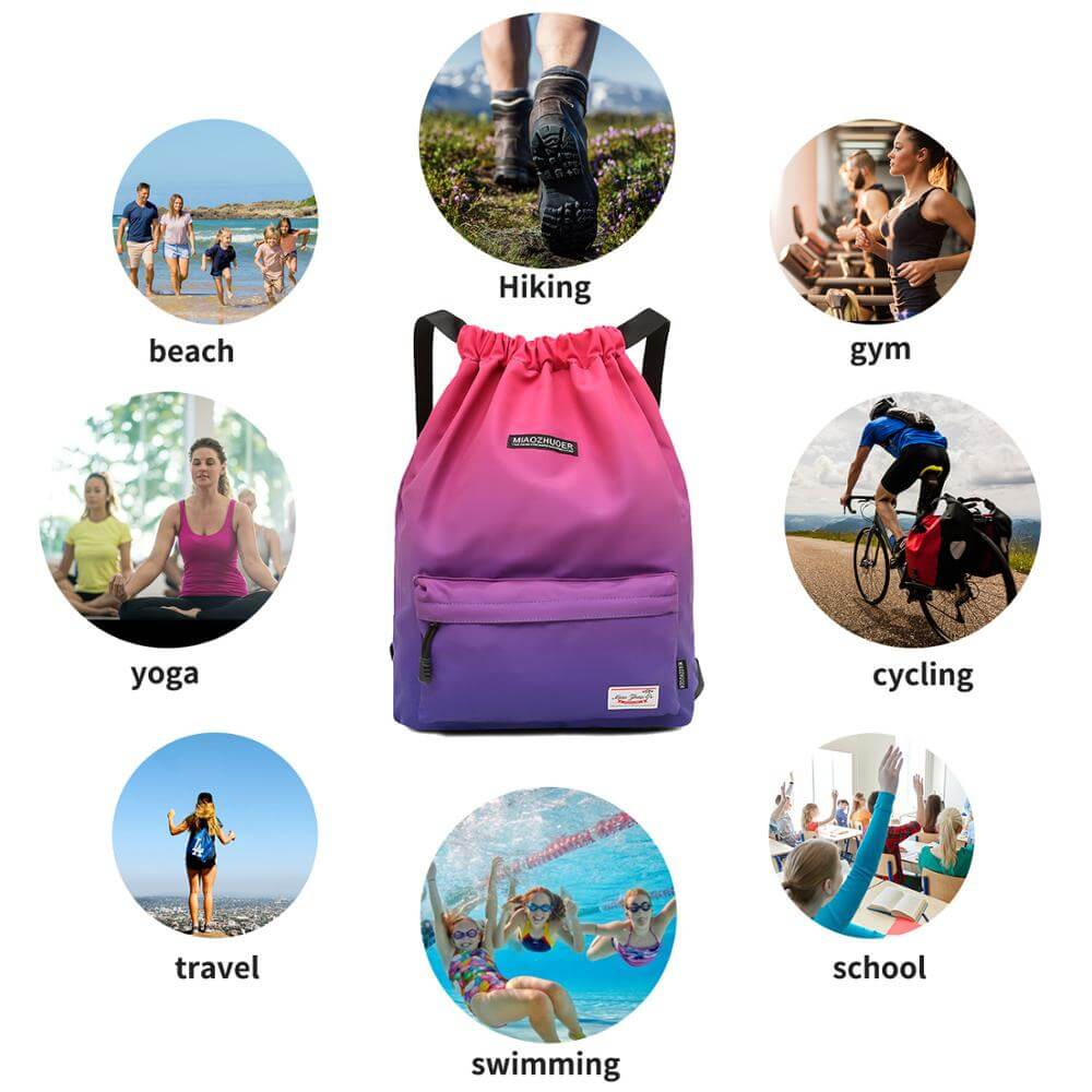Colorful waterproof gym drawstring bag surrounded by icons for hiking, gym, cycling, beach, yoga, travel, swimming, and school activities.