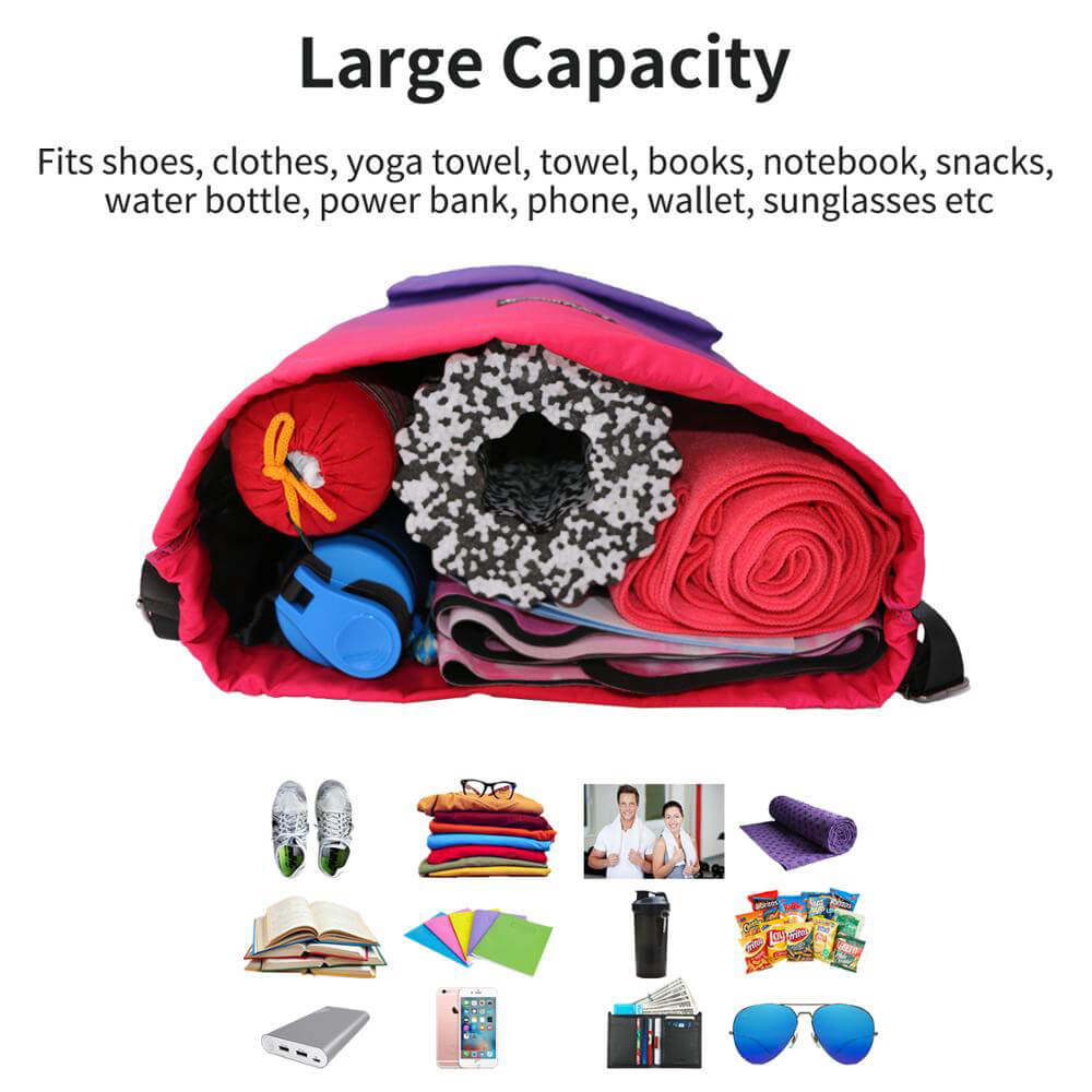 Open waterproof gym backpack displaying large 20-35L capacity with items like shoes, clothes, yoga towel, and gadgets for active use.