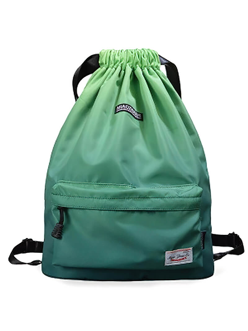 Green waterproof gym drawstring backpack, made of durable nylon, ideal for fitness and travel, unisex, 20-35L capacity.