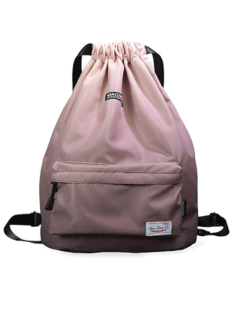 Stylish waterproof nylon fitness drawstring backpack, 20-35L capacity, pink and black shades, ideal for gym or travel.
