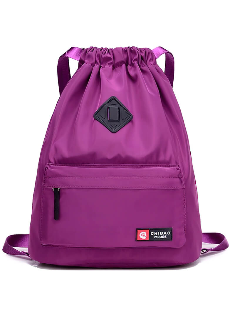 Vibrant purple waterproof gym backpack with drawstring and front pocket, ideal for fitness and travel, unisex nylon bag.
