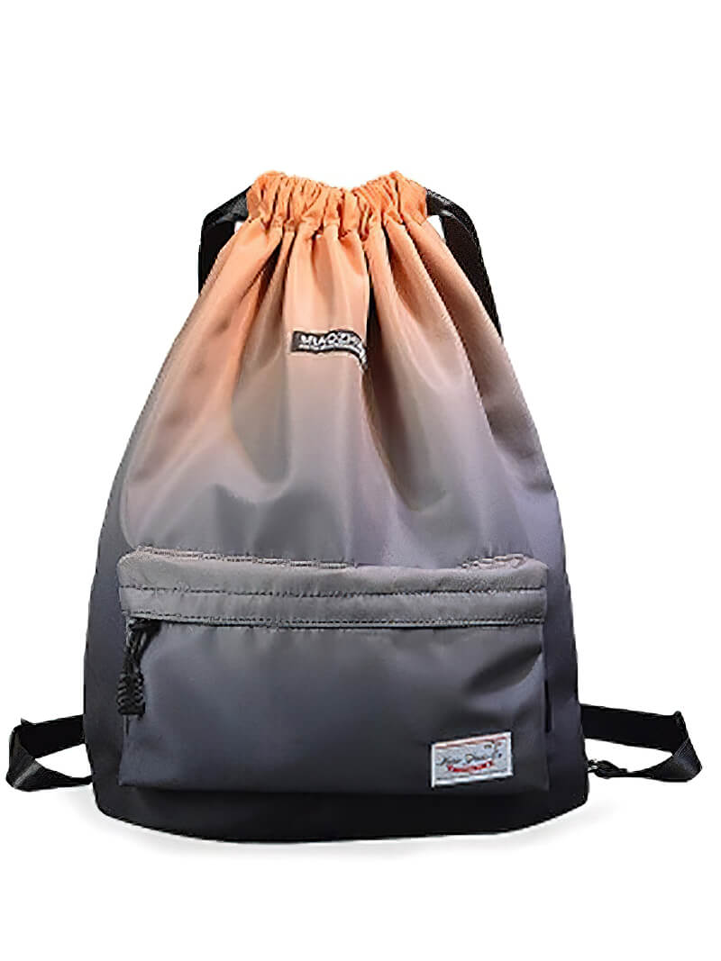 Waterproof gym softback backpack, fitness drawstring bag in orange and gray, durable nylon, 20-35L capacity, unisex design, ideal for travel.