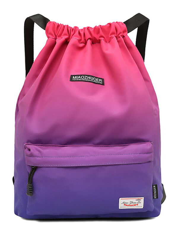 Pink and purple gradient waterproof drawstring backpack, unisex, nylon material, with front zip pocket and black straps.