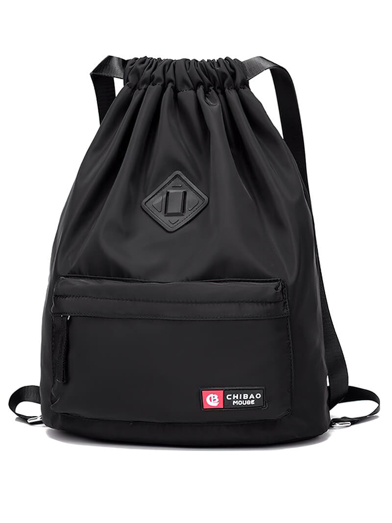 Waterproof gym softback backpack in black nylon for fitness, features drawstring closure and front pocket, ideal for active lifestyle.