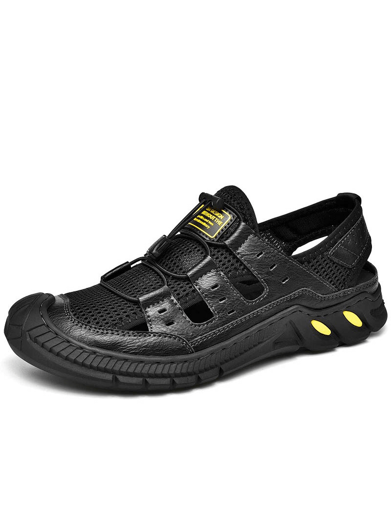 Black hollow-out breathable mesh sandals with wear-resistant rubber sole and elastic band closure, style SF0699.