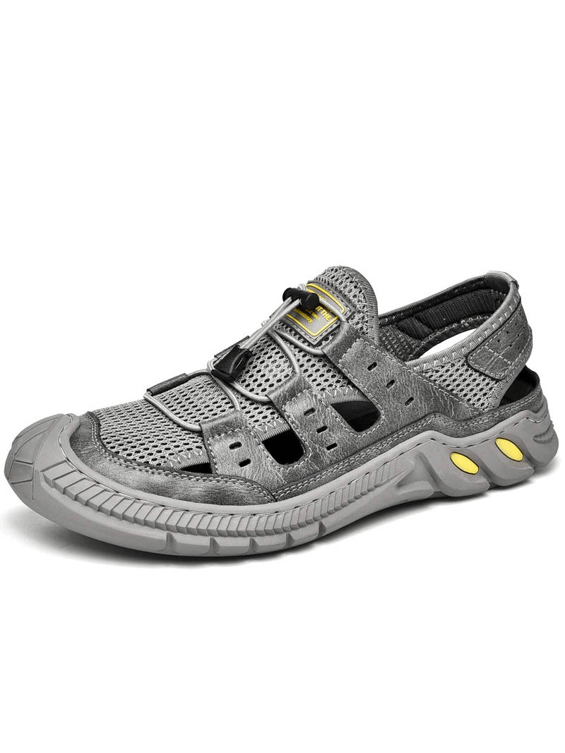 Gray hollow-out breathable mesh sandals with durable rubber sole, featuring elastic band closure for comfort and style.