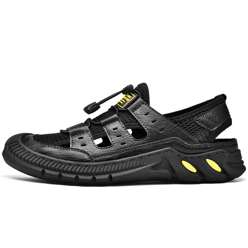 Black Hollow-Out Breathable Mesh Sandals with Wear-Resistant Rubber Sole, featuring a stylish design and elastic band closure for comfort.