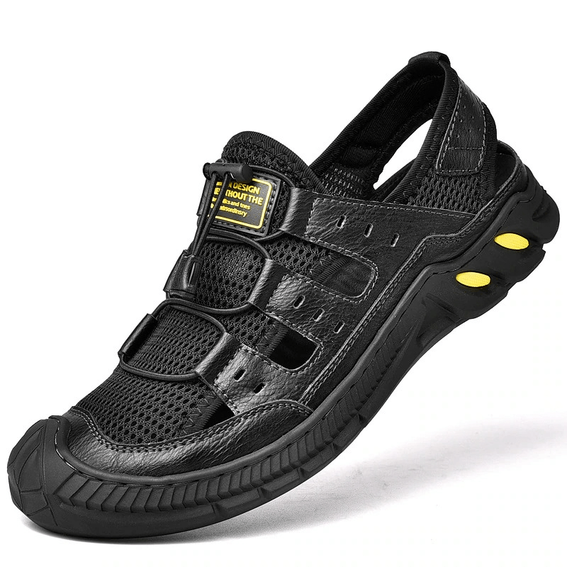 Hollow-Out Breathable Mesh Sandal with wear-resistant rubber sole in black, featuring PU leather lining and elastic band closure for comfort.