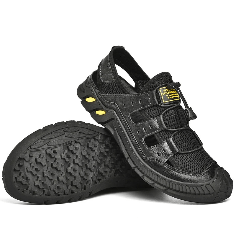 Black Hollow-Out Breathable Mesh Sandals with Wear-Resistant Rubber Sole, showcasing air mesh design and elastic band closure.