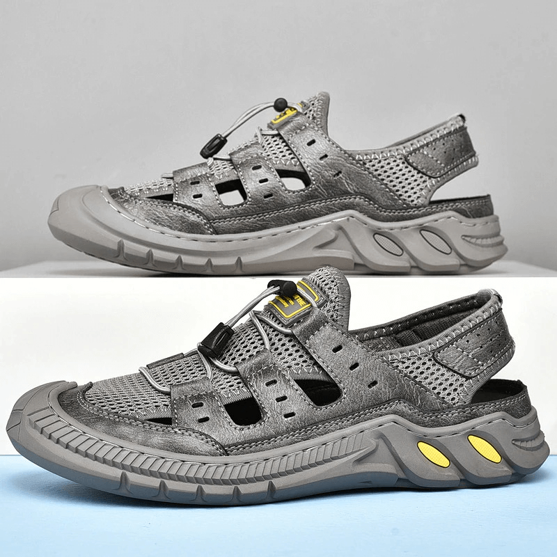 Hollow-Out Breathable Mesh Sandals with wear-resistant rubber sole, featuring stylish design and maximum comfort.