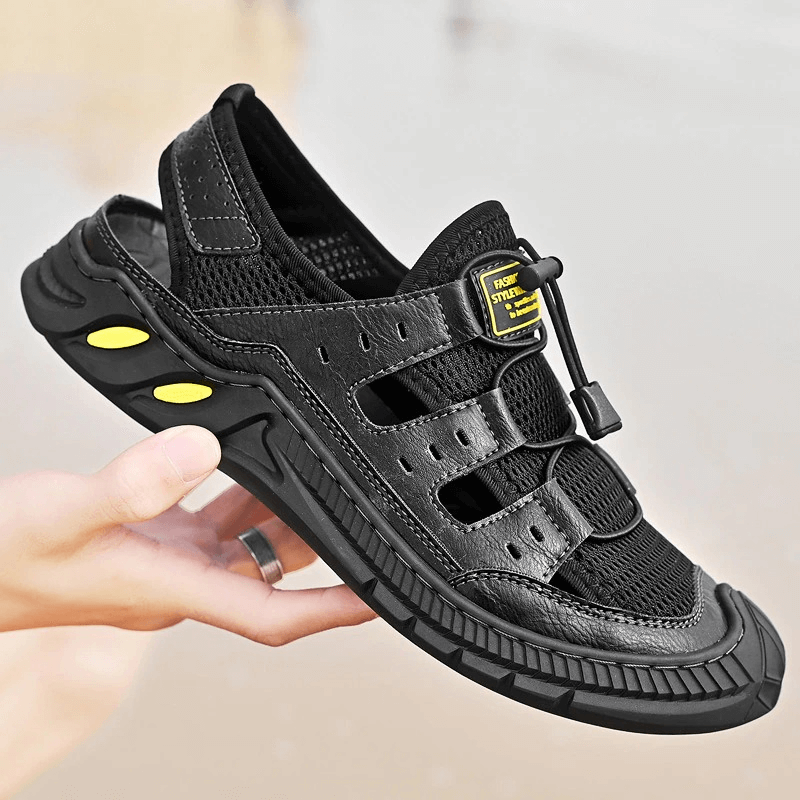 Hollow-Out Breathable Mesh Sandals SF0699 with wear-resistant rubber sole and elastic band, perfect for comfort and style.