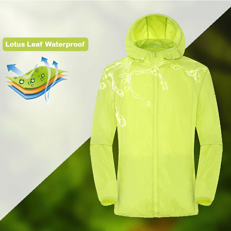 Unisex waterproof hooded jacket in green with lotus leaf waterproof technology for outdoor activities.