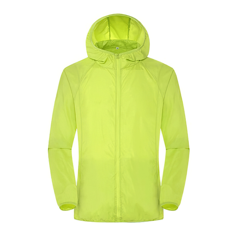 Unisex waterproof hooded jacket in neon green, perfect for hiking and outdoor activities with UV protection and quick-dry technology.