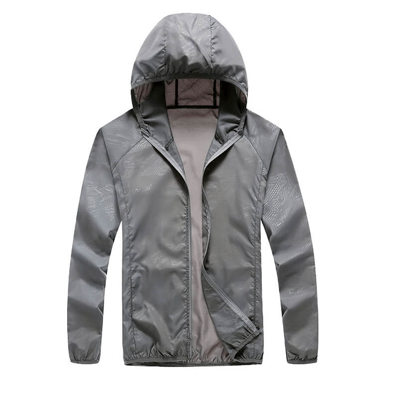 Unisex waterproof hooded jacket with pockets and nylon quick-dry fabric, perfect for hiking and outdoor activities.