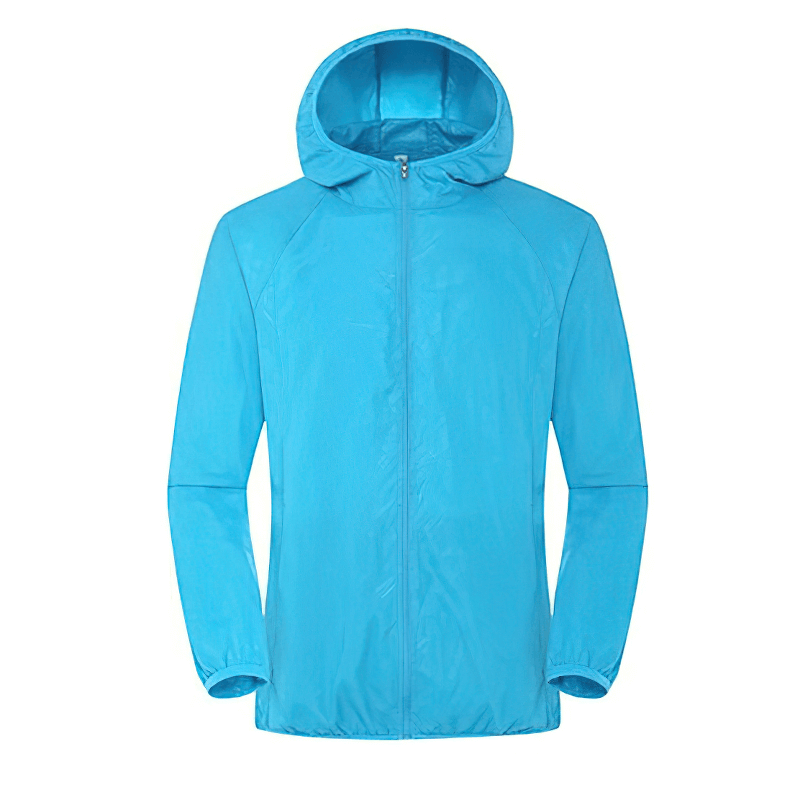 Bright blue waterproof hooded jacket with pockets; unisex design, ideal for outdoor activities like hiking, camping, and fishing. SF0377