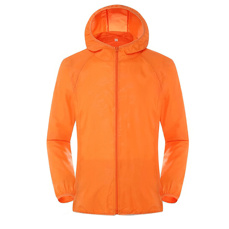 Bright orange waterproof hooded jacket for outdoor activities, unisex design, with pockets, windproof and sun-protective.