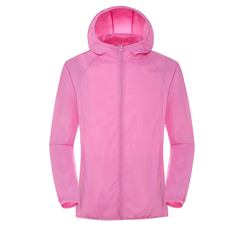 Unisex waterproof hooded pink jacket SF0377, featuring quick-dry nylon, pockets, sun protection, ideal for hiking and outdoor activities.