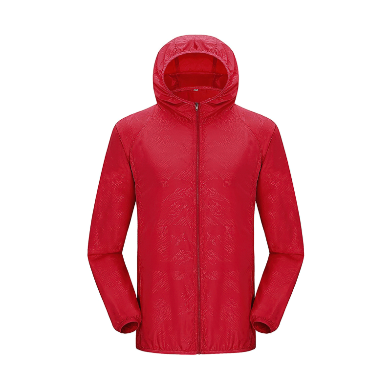 Red waterproof hooded jacket with pockets for men and women, perfect for outdoor activities like hiking and camping. Model SF0377.