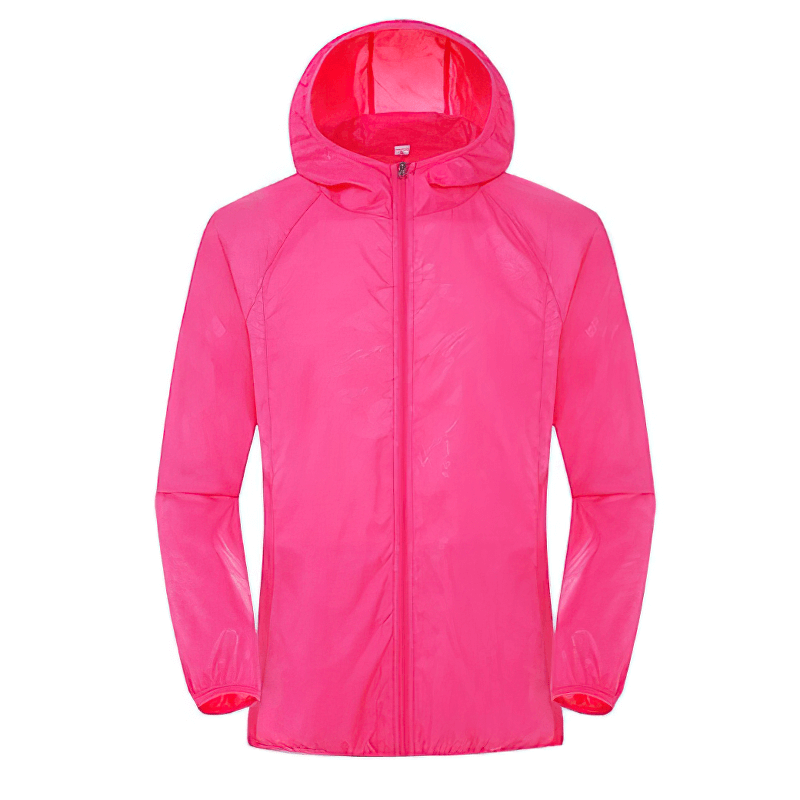 Bright pink waterproof hooded jacket with pockets for unisex, ideal for outdoor activities. Model SF0377, windproof and wear-resistant.