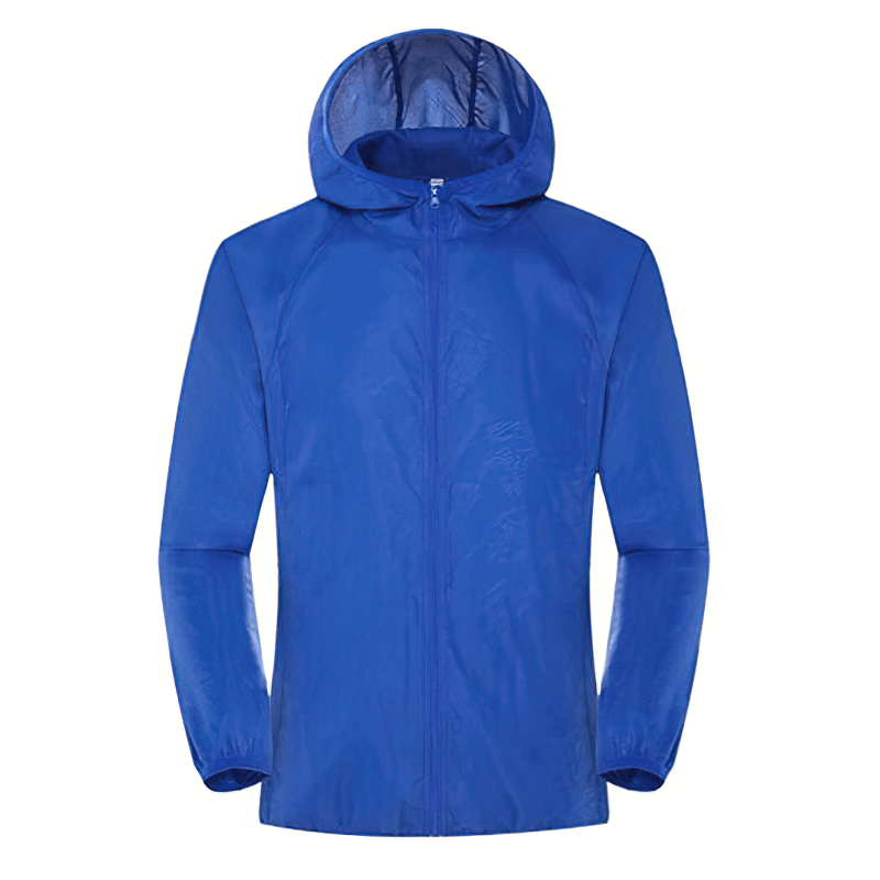 Blue waterproof hooded jacket with pockets for men and women, SF0377 model, nylon material, windproof, perfect for outdoor activities.