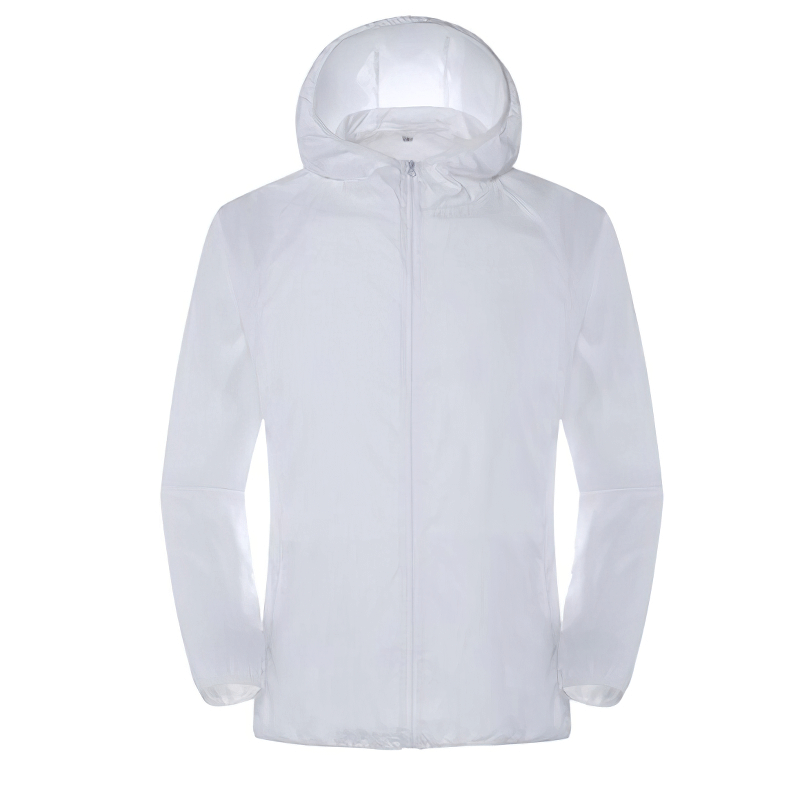 Unisex waterproof hooded jacket SF0377 in white, featuring nylon material, quick-dry technology, pockets, windproof and UV protection.