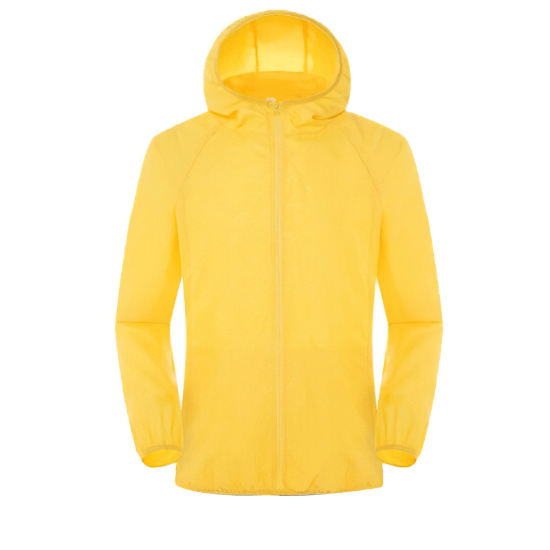 Unisex waterproof yellow hooded jacket with pockets, anti-UV, windproof, ideal for outdoor activities - model SF0377.