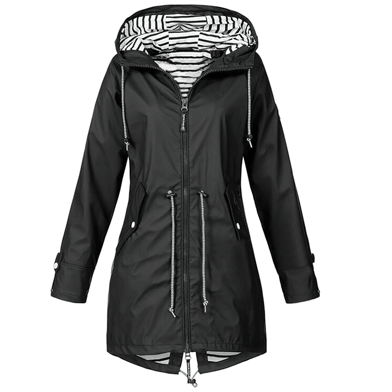 Black waterproof hooded rain long jacket with striped interior lining, full sleeves, and pockets for outdoor activities, model SF0078.