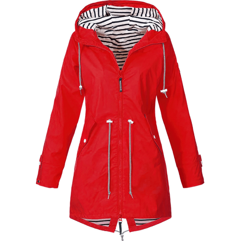 Red waterproof hooded rain jacket with a striped lining, featuring full sleeves, pockets, and drawstring waist for outdoor adventures.