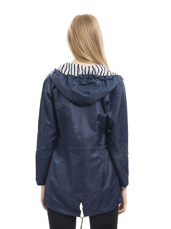 Waterproof hooded rain jacket SF0078 in navy, full sleeve, lightweight and windproof, perfect outdoor wear with pockets.