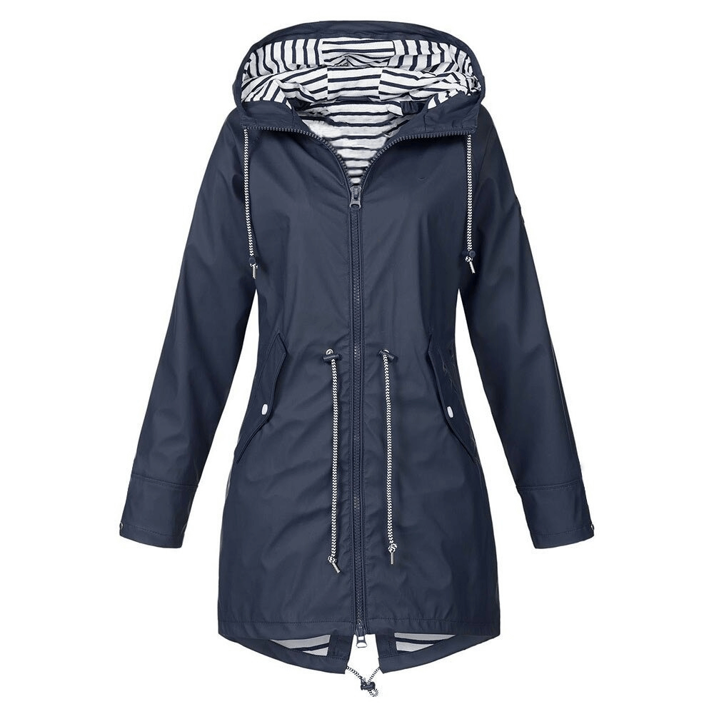 Navy waterproof hooded rain jacket with striped lining, windproof, lightweight, full sleeve, ideal for outdoor activities - SF0078
