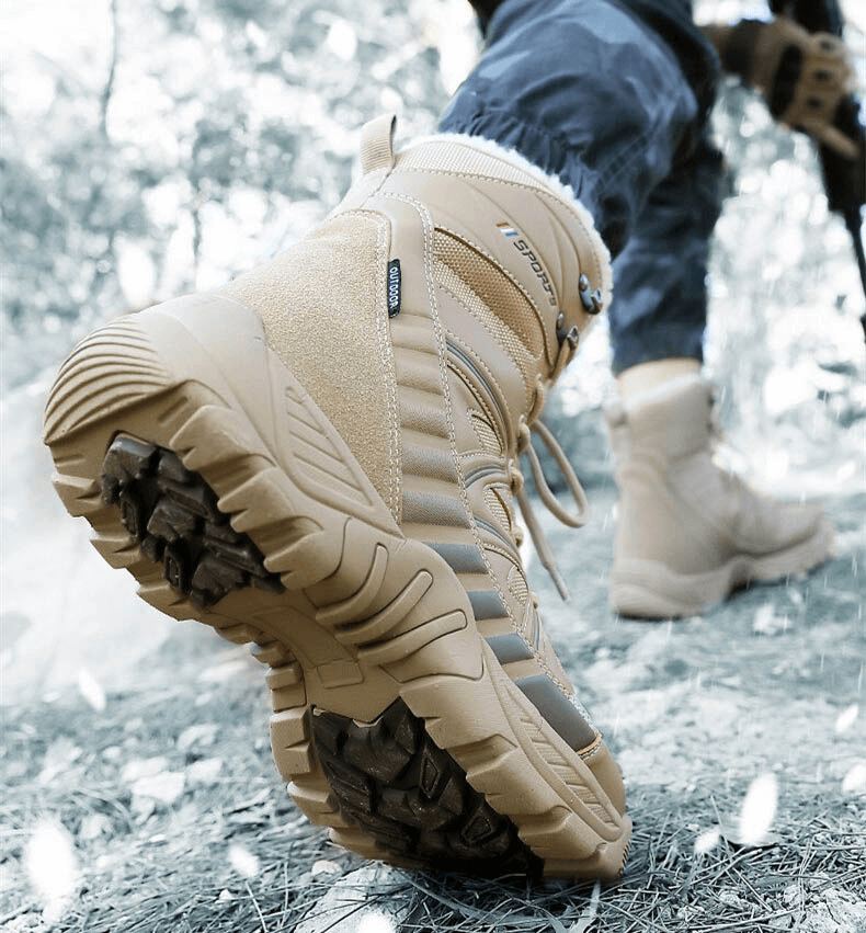 Close-up of waterproof leather military snow boot with anti-slip sole on rugged terrain, showcasing durable warm design for cold weather.
