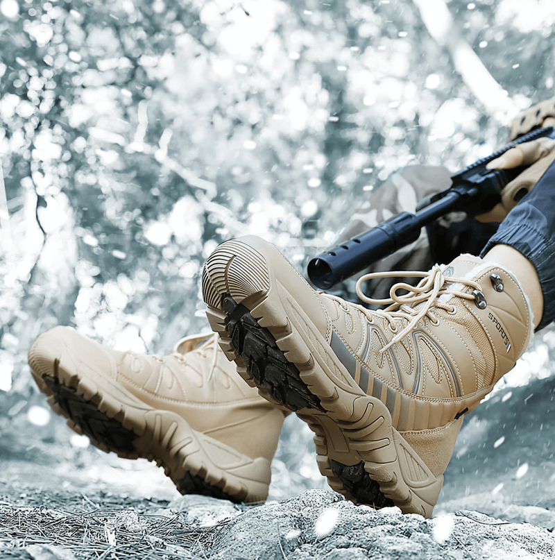 Waterproof leather anti-slip military snow boots with plush interior shown outdoors, highlighting durable sole and rugged design.