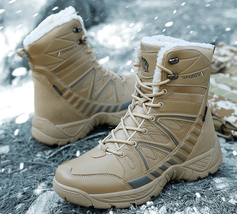 Waterproof leather military snow boots with anti-slip sole and warm plush lining on snowy ground, perfect for winter.