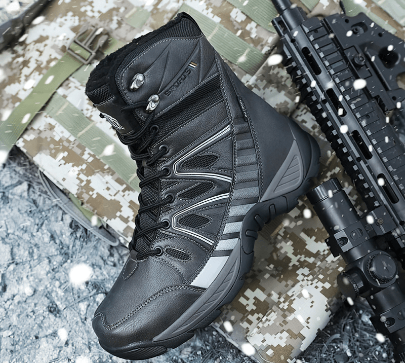 Waterproof anti-slip military snow boot with plush, leather and rubber design, ideal for winter traction and warmth.