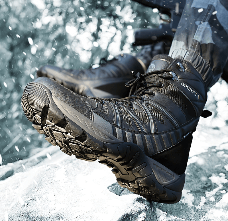 Waterproof Leather Anti-Slip Military Snow Boots with plush lining on snowy terrain, featuring durable soles for superior traction.