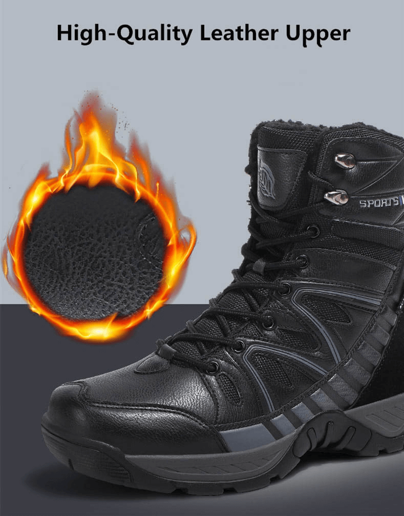 Black waterproof military snow boots with anti-slip sole and plush inside, showcasing high-quality leather upper. 