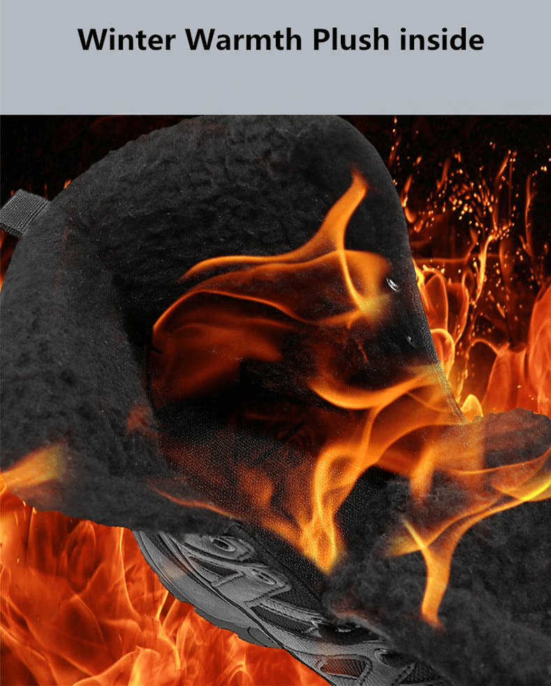 Fire-themed image highlighting the warm plush inside of Waterproof Leather Anti-Slip Military Snow Boots SF0804.