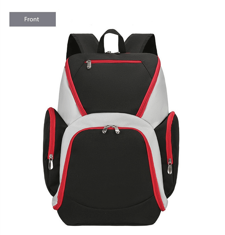 Waterproof large capacity football backpack, black with red accents, featuring multiple compartments for organized gear storage.