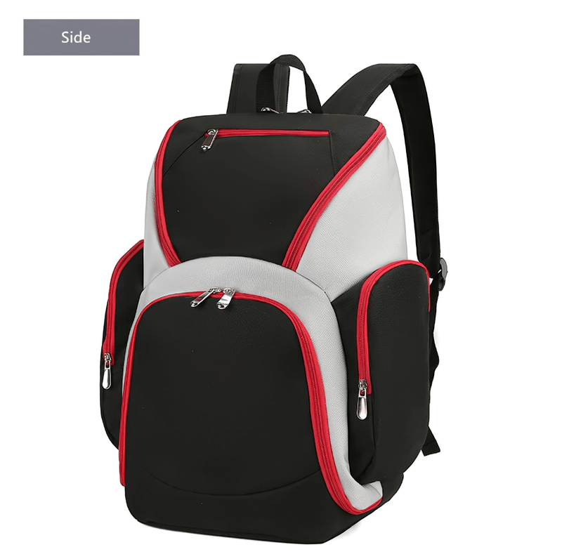 Waterproof Lightweight Football Backpack SF0870 with large capacity, black and red design, perfect for sports gear organization.