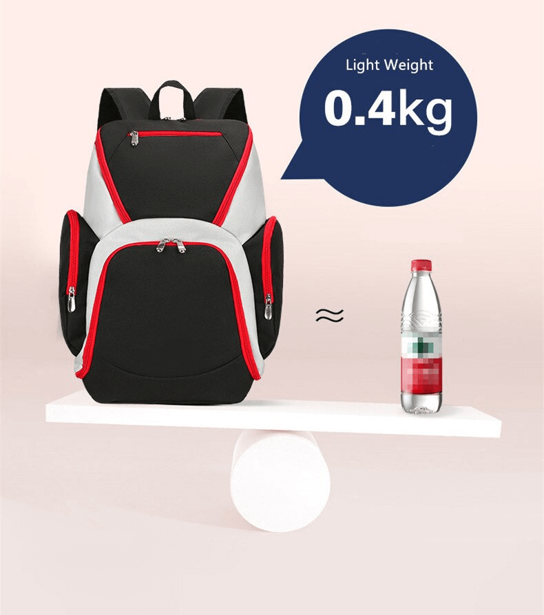 Waterproof lightweight football backpack SF0870 with 0.4kg weight comparison next to water bottle, perfect for sports gear.