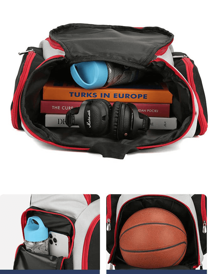Waterproof large capacity football backpack with sports equipment and books inside, featuring multiple compartments and red accents.