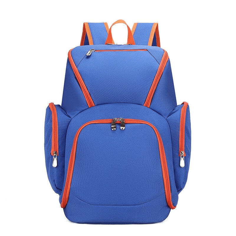 Blue waterproof lightweight football backpack with large capacity and multiple compartments, featuring orange accents.