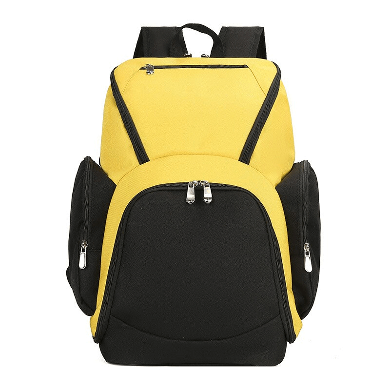 Waterproof yellow and black football backpack with large capacity and comfortable air cushion straps, ideal for sports equipment.